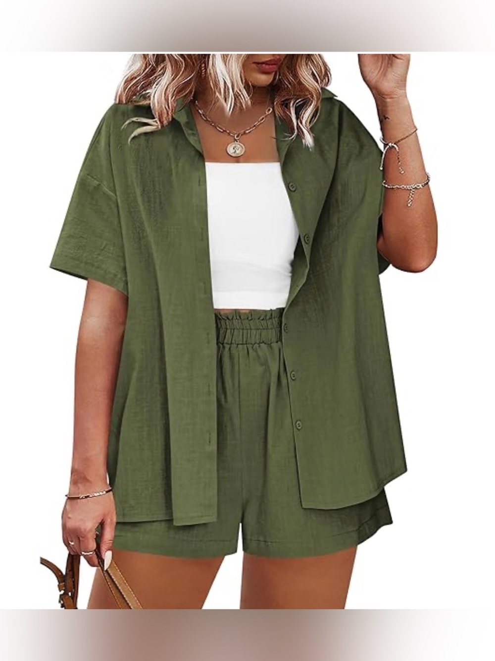 NWT Olive 100%Cotton Button Down Shirt &Short Set